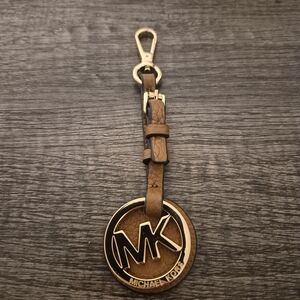 Michael Kors Tan and Gold MK Logo Leather Key Fob